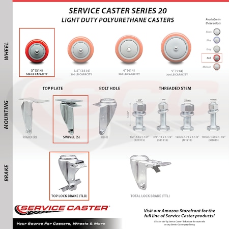 Service Caster 3 Inch Red Polyurethane Wheel Swivel Top Plate Caster Set with Brake SCC SCC-20S314-PPUB-RED-TLB-TP3-4